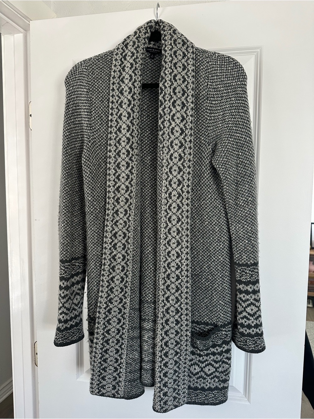 Lucky Brand Gray and Cream Open-Front Patterned Cardigan